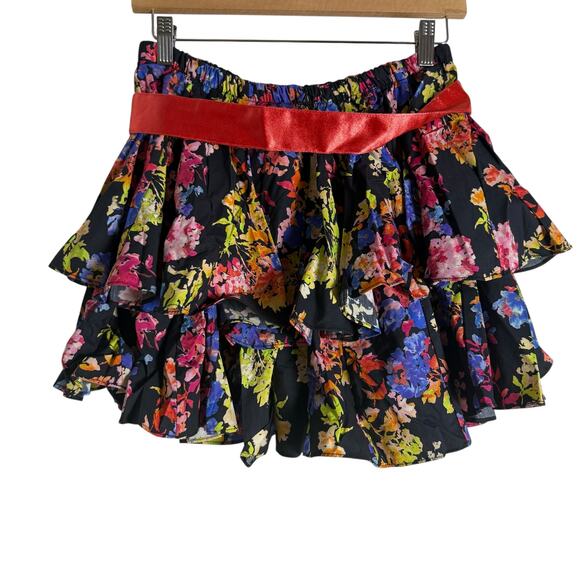 Caroline Constas Reign Black Multi Floral Tiered Ruffle Belted Mini Skirt M - Picture 6 of 8